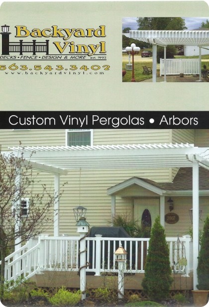The cover of a brochure for Backyard Vinyl's pergolas. Text reads "Backyard Vinyl Custom Pergolas and Arbors" and two photos show large vinyl pergolas over a patio and a deck.